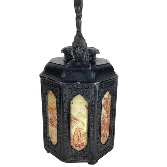 Vintage Chinese Shantou Teapot Pewter Metal Reverse Glass Painted Panels Black - Picture 3 of 16